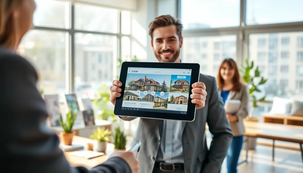 Real Estate agent showcasing property listings to clients in a bright, welcoming office.