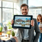 Real Estate agent showcasing property listings to clients in a bright, welcoming office.