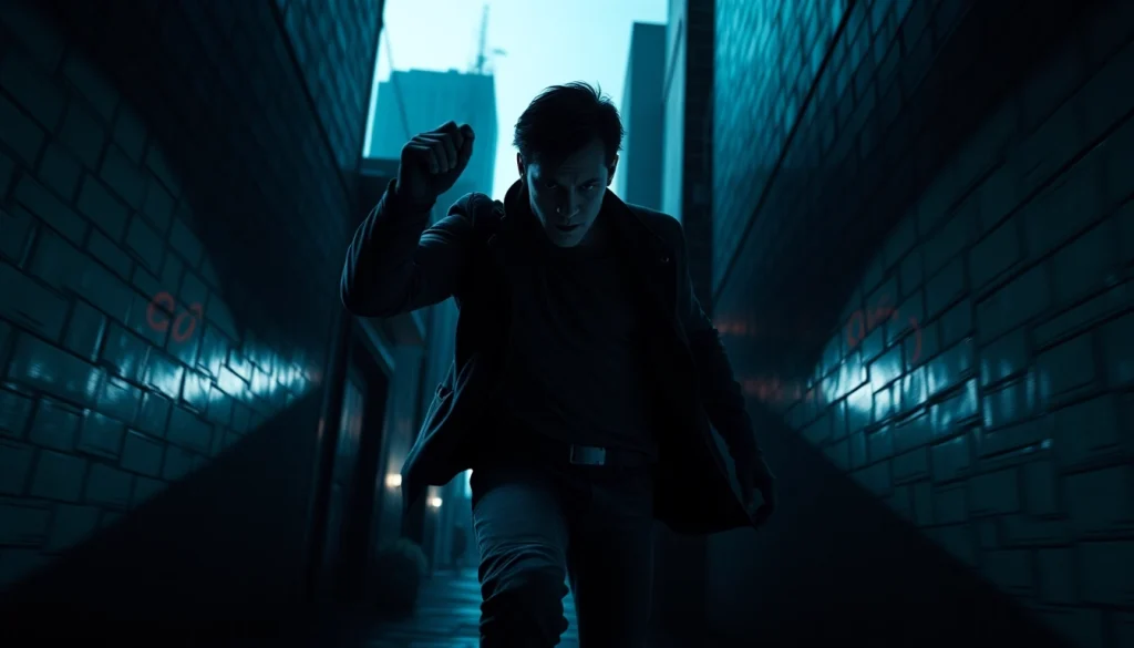 Engaging scene from a fast-paced thriller showing a protagonist in a tense alleyway.