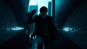 Engaging scene from a fast-paced thriller showing a protagonist in a tense alleyway.
