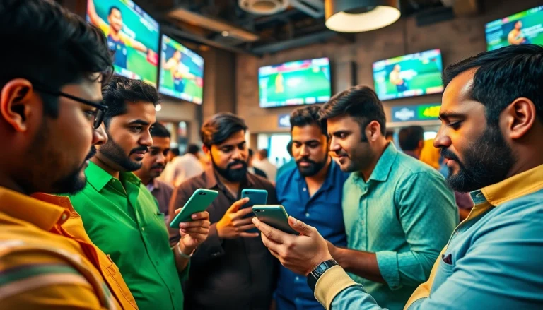 Engaged bettors discussing sports betting in India with mobile apps in a vibrant setting.