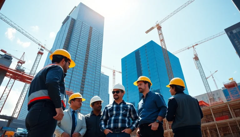 New York Commercial General Contractor team collaborating on a skyscraper construction site.
