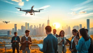 Showcase of Technology professionals collaborating in a futuristic city environment.