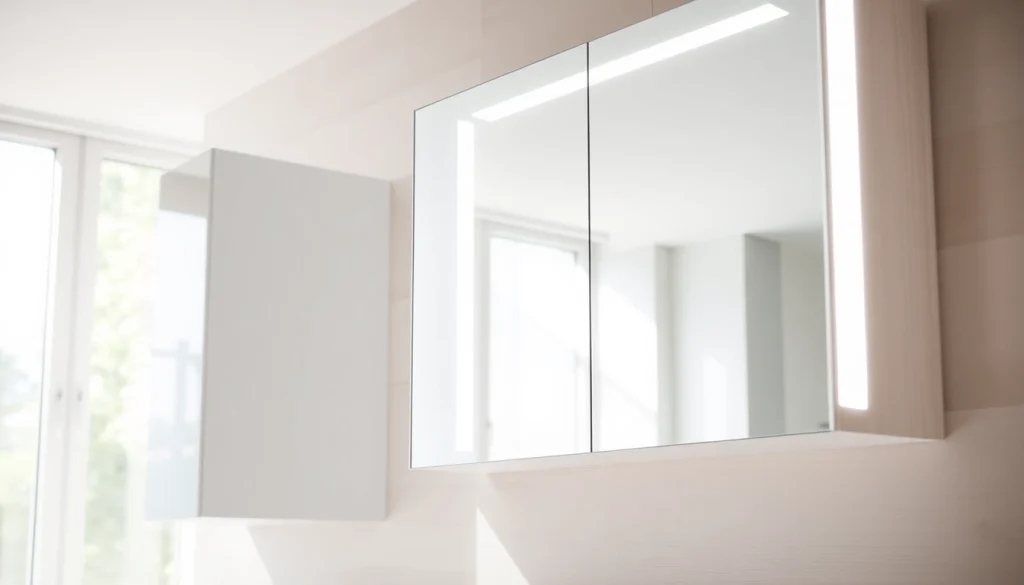 Spiegelschrank mit LED Beleuchtung in modernem Badezimmer präsentieren.