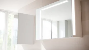 Spiegelschrank mit LED Beleuchtung in modernem Badezimmer präsentieren.