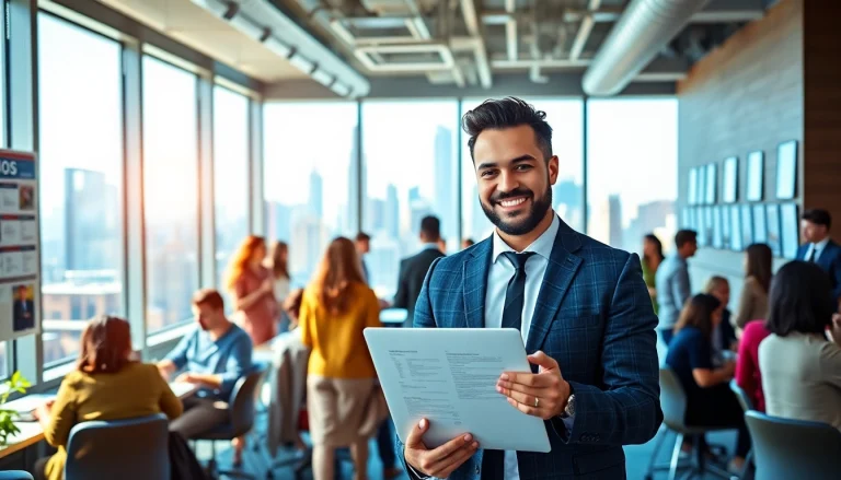 Engaging scene of a job seeker utilizing free job post new york opportunities in a vibrant NYC office.