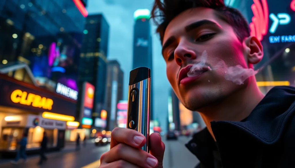 Elfbar genießen in einer urbanen Umgebung mit neonbeleuchtetem Hintergrund