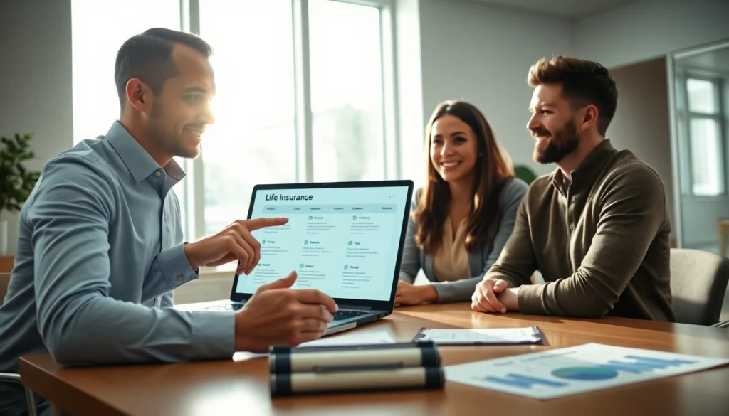 Engaging life insurance discussion between a financial advisor and a couple in a bright office setting.