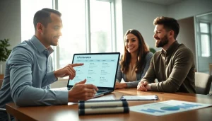 Engaging life insurance discussion between a financial advisor and a couple in a bright office setting.