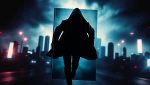 Fast-paced thriller character glimpsing danger in a moody urban setting.