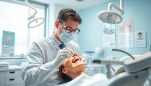 Consulting dentist examining a patient's dental health in a contemporary clinic.