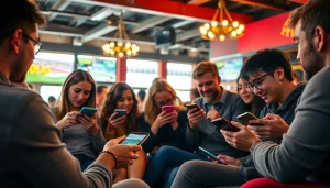 People discussing sportsbooks in California while examining betting apps in a lively sports bar.