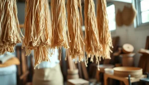 Jute fibers displayed in a rustic workshop, highlighting the texture and craftsmanship.