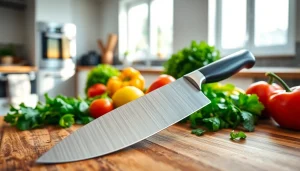 Learn how to choose a chef’s knife with a view of a professional knife on a cutting board.