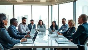 Professionals discussing competitor pricing strategies in a vibrant office setting