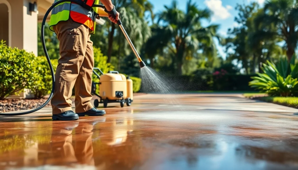 Concrete cleaning in Kissimmee, showcasing professionals restoring a driveway.
