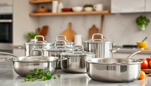 Showcase the best cookware for induction NZ on a kitchen countertop featuring modern stainless steel pots and pans.