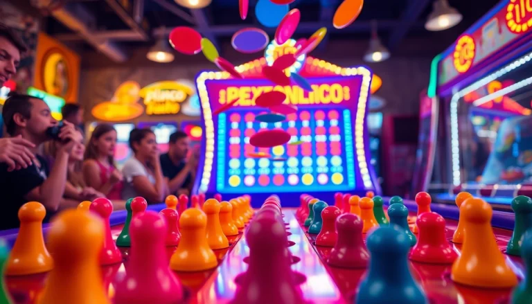 Jatuhkan disk plinko ke papan pegs berwarna dalam suasana arcade yang ceria.