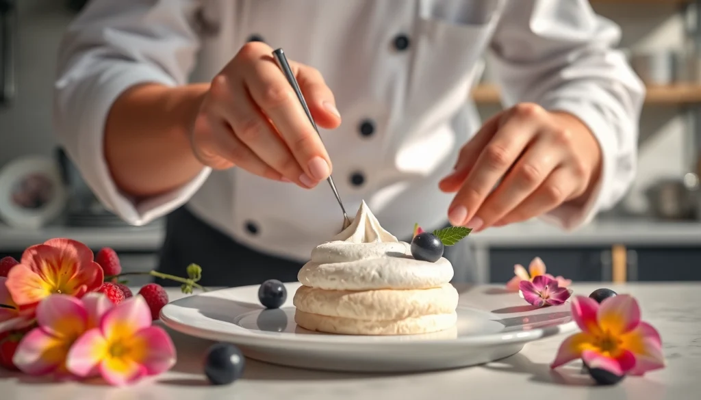 Creëren van een heerlijke mousseline crème op een dessert met kleurrijke vruchten.