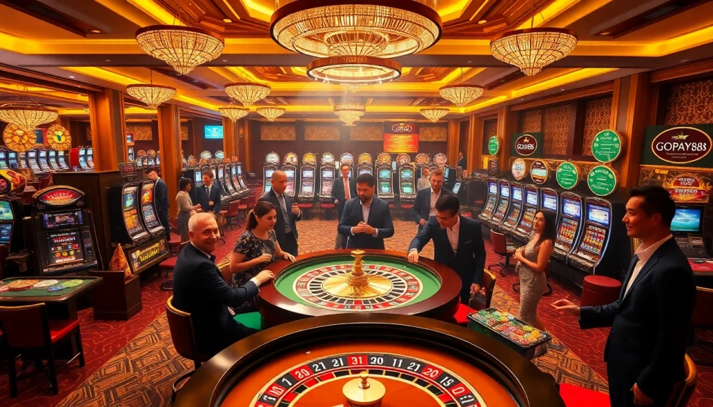 Exciting casino scene showcasing Gopay88 gaming excitement with roulette and slot machines.
