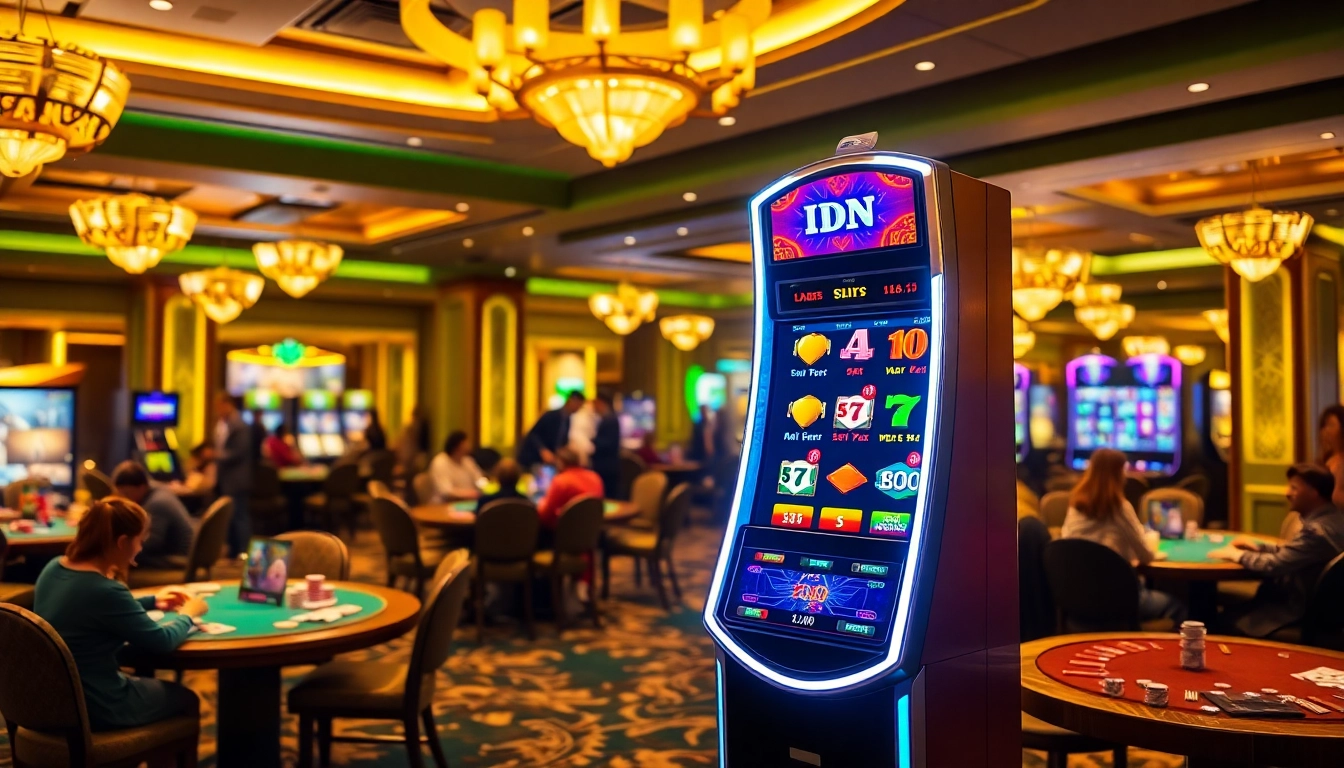 Engage with the exhilarating idnslot experience at a luxurious casino featuring vibrant slot machines and dynamic game action.