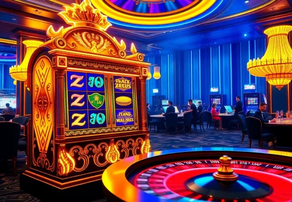 Play slot zeus with excitement at a luxurious casino, featuring themed symbols and plush settings.