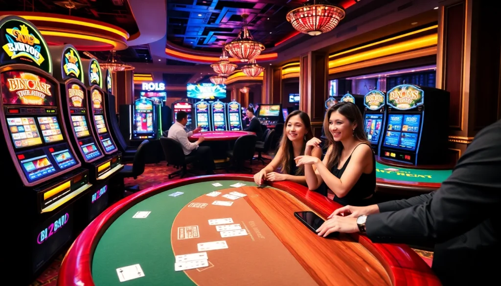 Players engaging in thrilling games at BJ38 online casino, featuring vibrant slot machines and tables.