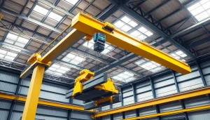 Bridge crane lifting steel beams in an industrial warehouse environment.