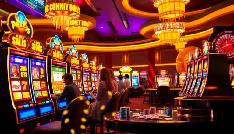 Excited players engaging with slot depo 5k machines in a luxurious casino setting.
