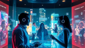 Futuristic digital interface showcasing AI sex interactions with engaging holographic characters.