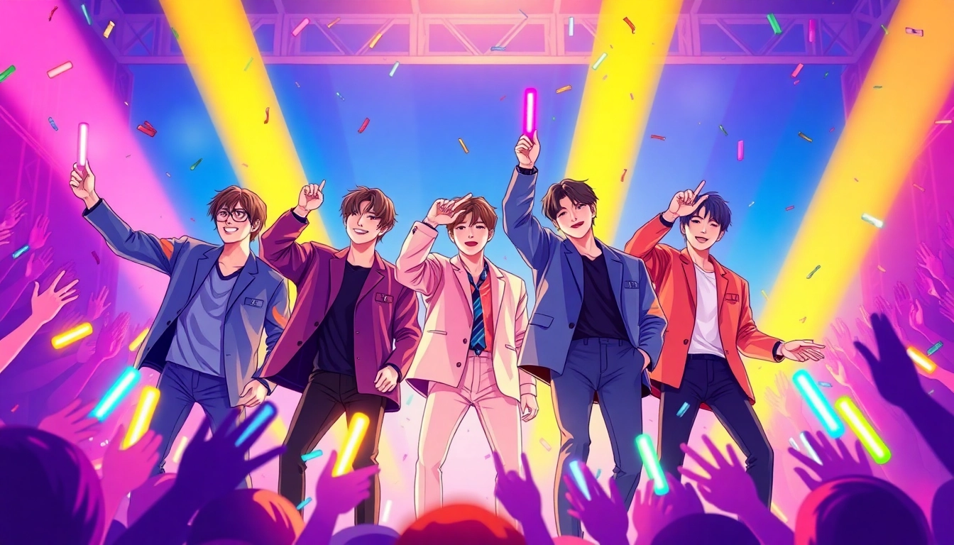 BTS members performing energetically on stage with colorful lighting.