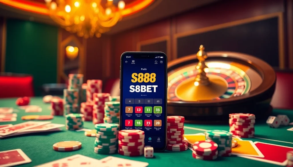 S88BET app displayed on a smartphone with gambling elements like poker chips and dice.
