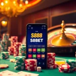 S88BET app displayed on a smartphone with gambling elements like poker chips and dice.