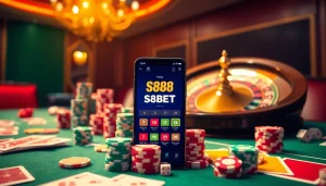 S88BET app displayed on a smartphone with gambling elements like poker chips and dice.