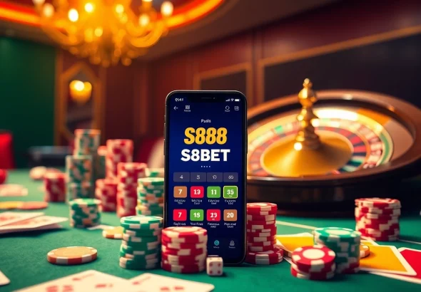 S88BET app displayed on a smartphone with gambling elements like poker chips and dice.