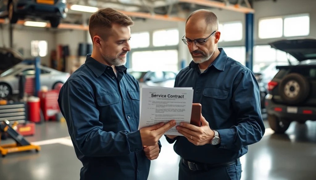 Engaging scene of a mechanic discussing vehicle service contract details with a client in a professional setting.