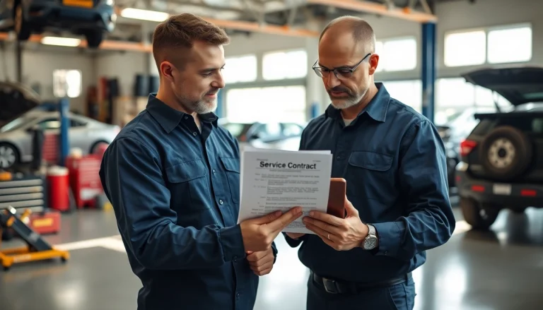 Engaging scene of a mechanic discussing vehicle service contract details with a client in a professional setting.