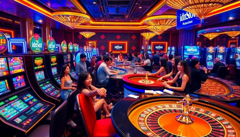 Idnslot players enjoying vibrant casino games at luxurious slot machines.