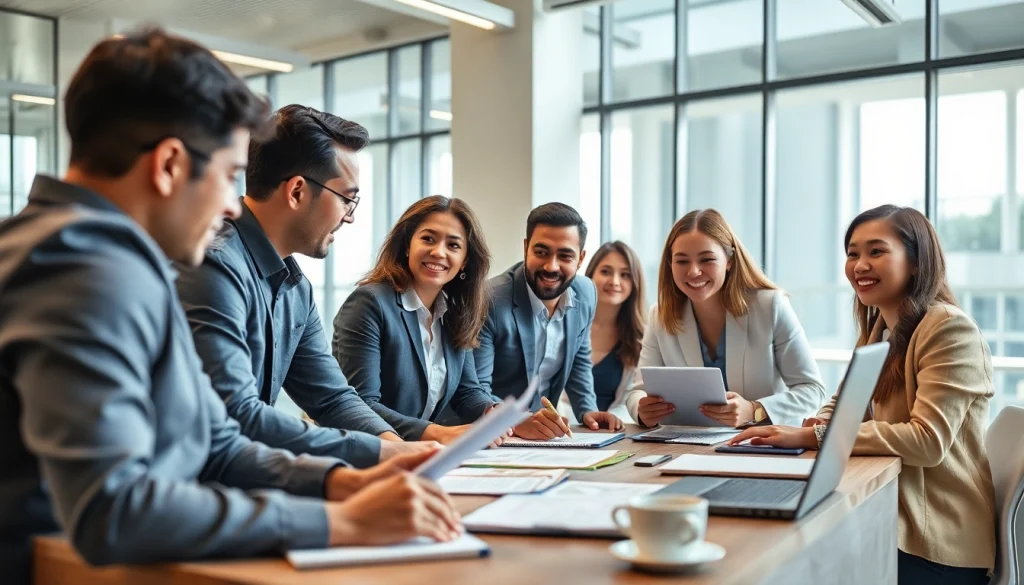 Find where to post sales jobs with professionals collaborating in a modern office.