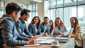 Find where to post sales jobs with professionals collaborating in a modern office.