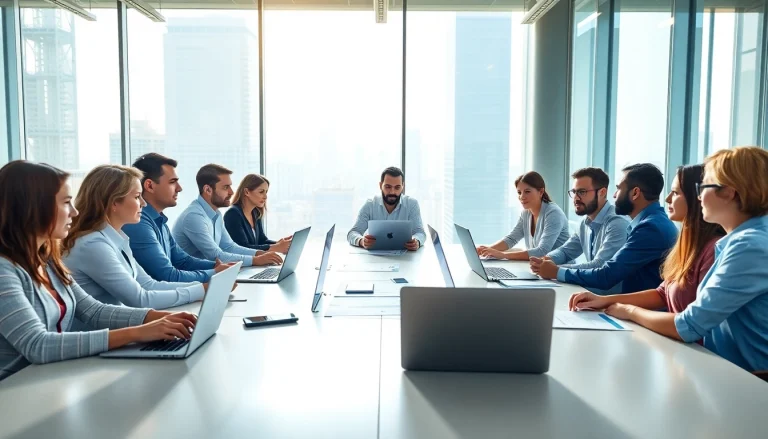 Engaged professionals discussing competitive intelligence for sales in a modern office.