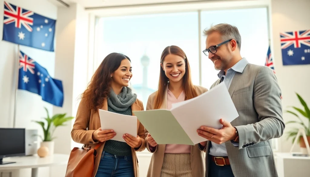 Friendly migration agent assisting a couple with their tourist visa USA from Australia application in a modern office.