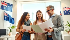 Friendly migration agent assisting a couple with their tourist visa USA from Australia application in a modern office.
