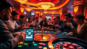 Players enjoying a thrilling gamble at a J88 casino table surrounded by vibrant lights and chips.
