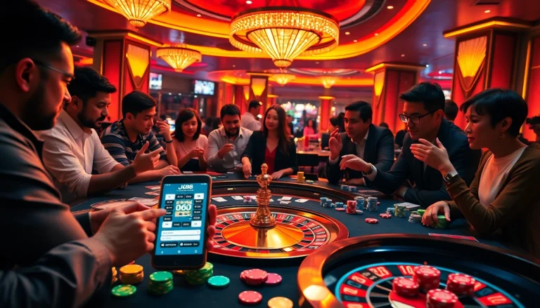 Players enjoying a thrilling gamble at a J88 casino table surrounded by vibrant lights and chips.