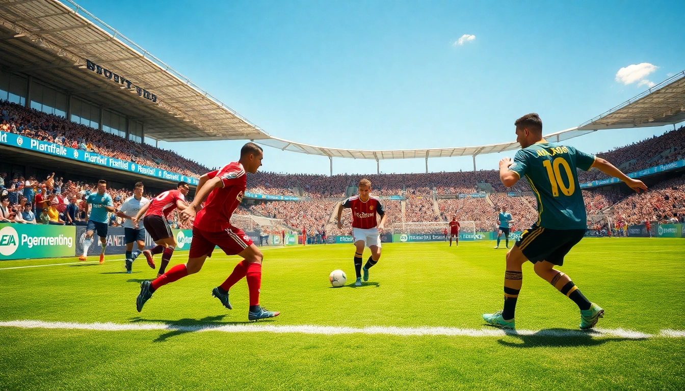 Experience โปรแกรมฟุตบอลวันนี้ with an engaging soccer game scene, vibrant atmosphere, and professional players in action.