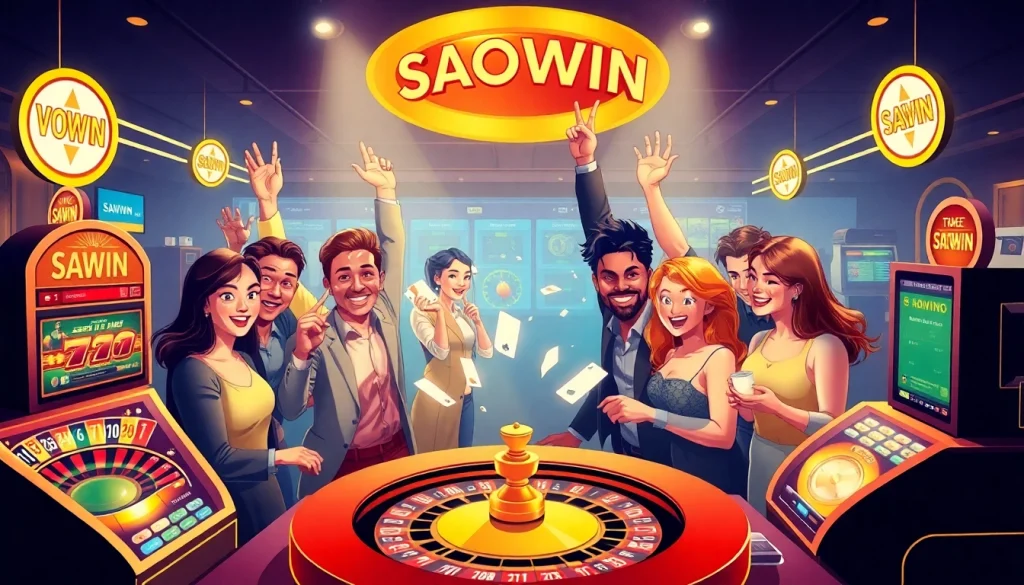 Liên kết tới Saowin với những người chơi phấn khích ăn mừng chiến thắng cá cược trực tuyến trên một nền tảng trò chơi sống động.