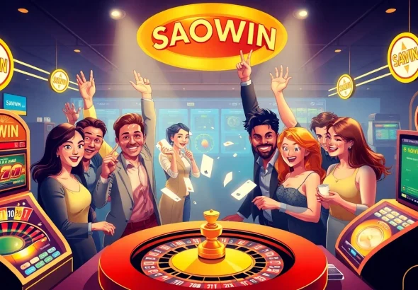 Liên kết tới Saowin với những người chơi phấn khích ăn mừng chiến thắng cá cược trực tuyến trên một nền tảng trò chơi sống động.