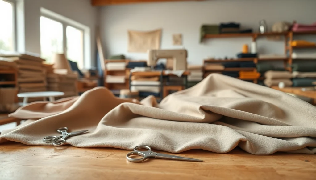 Bekijk verschillende badstof per meter in een stijlvolle workshop met natuurlijke verlichting.