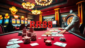 Experience the thrill of RR88 with players engaging at a vibrant casino table surrounded by lively slot machines and roulette.